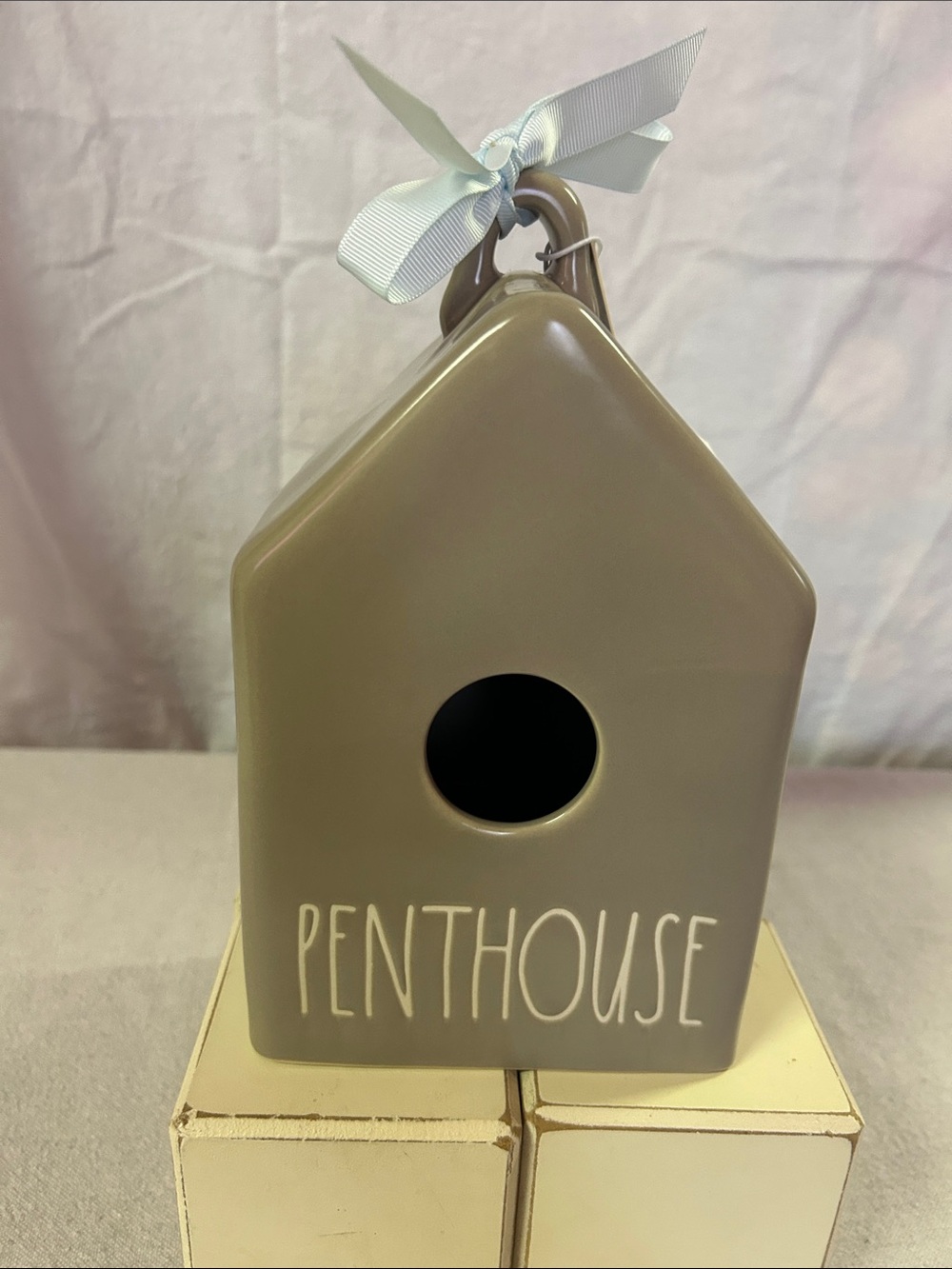 Rae Dunn Ceramic Birdhouse - Taupe with Light Blue Ribbon